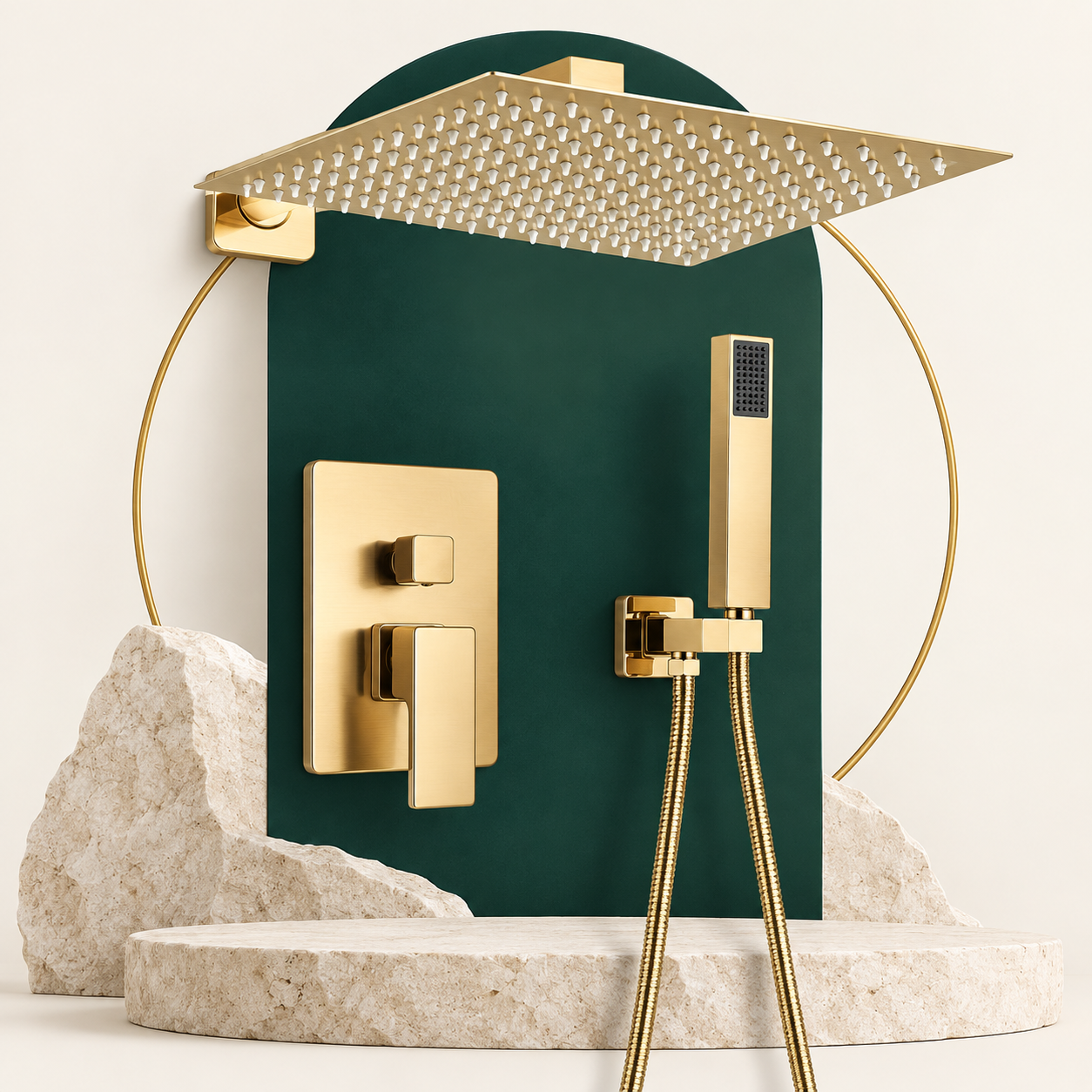 Brushed brass ceiling rain shower with hand shower and concealed valve