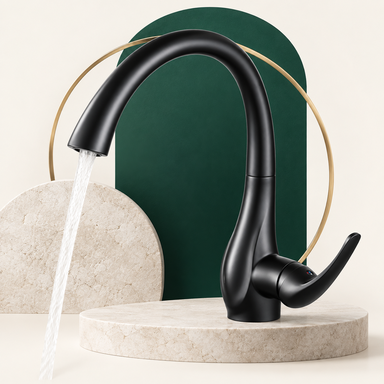 Matt black curved kitchen mixer tap running water