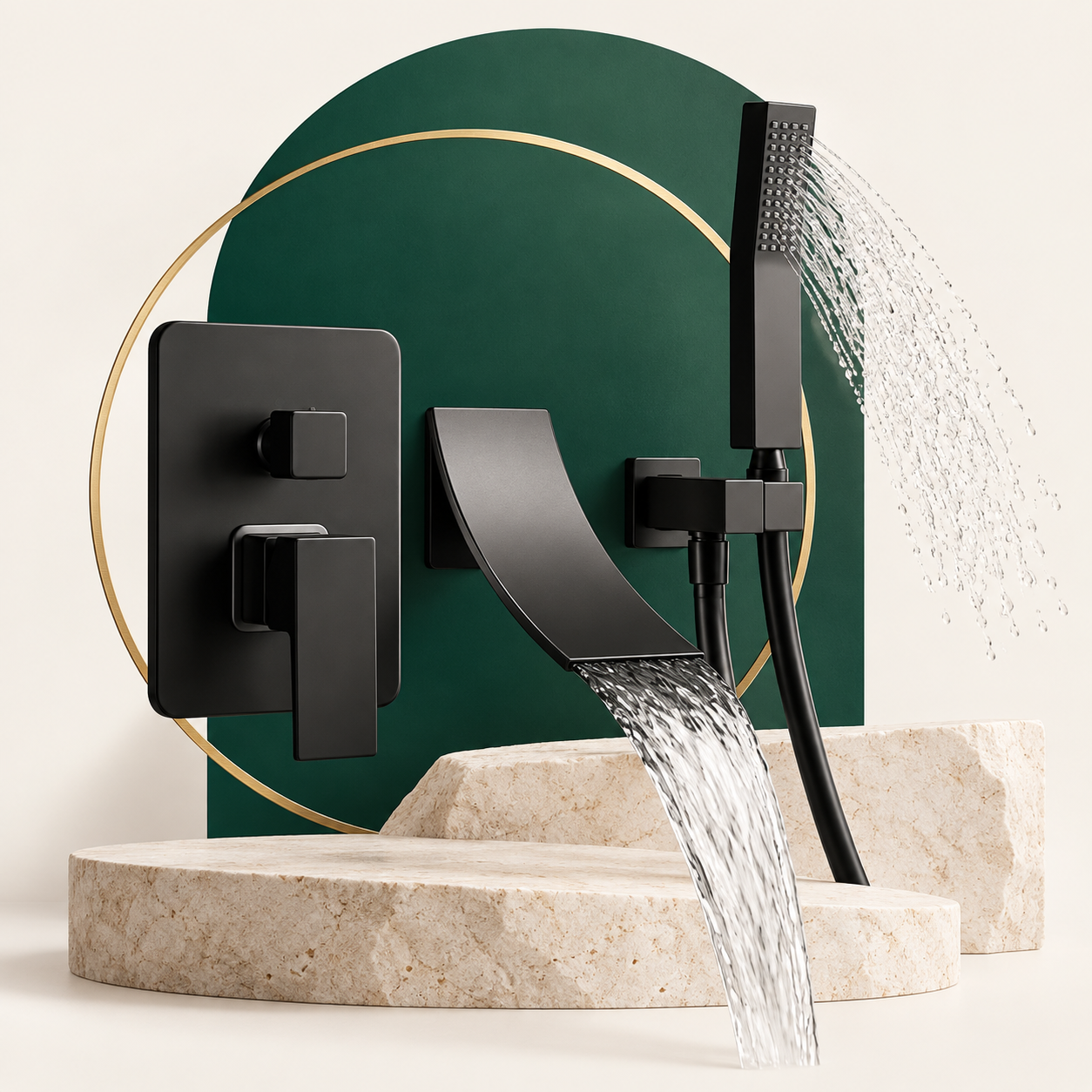 Matt black wall-mounted bath tap with waterfall spout and hand shower