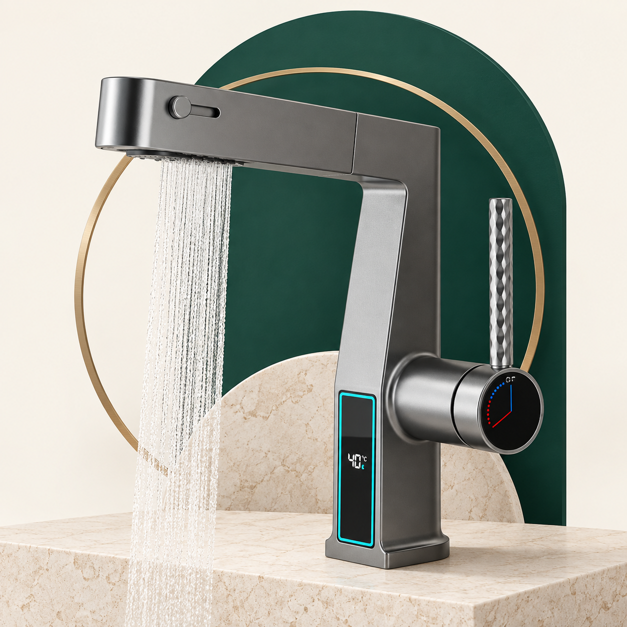 Gunmetal basin tap with digital temperature display and waterfall spout